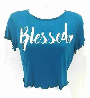 Miss Popular Juniors Top Casual Crop Dark Teal Short Sleeve Blessed Size L  • $14.98