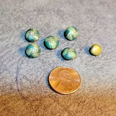 Assorted Lot Of 5 Intricately Painted Green Metal Buttons & 1 Mini Brass Button • $12.50