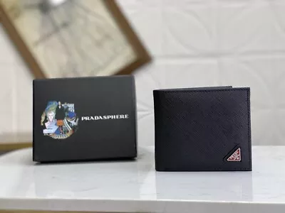 PRADA Bifold Wallet Triangle Logo Saffiano Leather Black Mens • $139