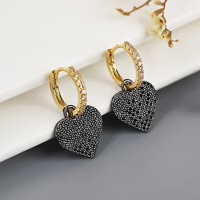 Gold Plated Micro Pave Heart CZ Cubic Zirconia Dangle Drop Earrings • $33.99