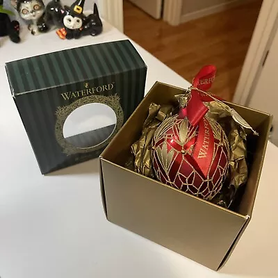 $35 • Buy WRITING Waterford Lismore Elegance Egg Red Gold Outline Glass Ornament