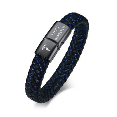 Fashion Braided Leather Medical Alert Men Bracelet TYPE 2 DIABETES Bangle Cuff • $14.89