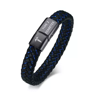 Leather Medical Alert Men Man Bracelet Surfer Wristband Engraved TYPE 2 DIABETES • $16.99