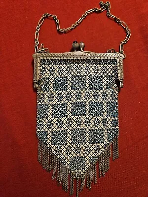 Antique 1920's Whiting & Davis Blue And White Enamel Mesh Purse GREAT CONDITION • $26