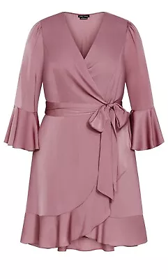 CITY CHIC Dusty Orchid Mauve Purple Pink Satin Wrap Ruffle Dress XS 14 RRP $129 • $22.95