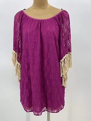 VaVa By Joy Han Women Large Purple Lined Lace Dress Fringe Short Wide Sleeves • $8.88