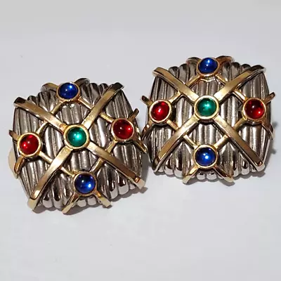 Vintage Kenneth Jay Lane Silver Gold Clip Earrings With Multicolor Cabochons • $31.88