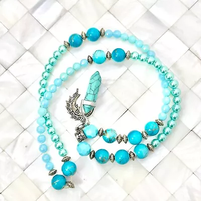 Teal Tones Faux Turquoise Crescent Moon Necklace Plastic The Vintage Strand#1896 • $11.99