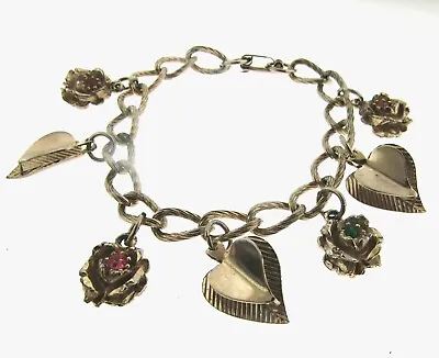 Vintage Crystal Rose Heart Charm Bracelet Victorian Revival Gold Tone 7.25 Inch • $29.99