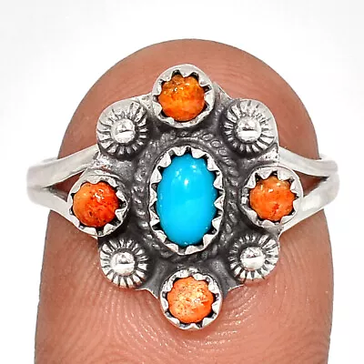 Composite Kingman Blue Mohave Turquoise & Coral 925 Silver Ring S.8 CR24247 • $15.99