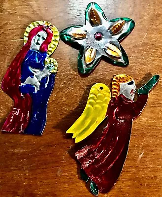 Vtg Punched Tin Christmas Ornaments Mexican Folk Art ANGEL MARY & JESUS 3-D STAR • $9.99