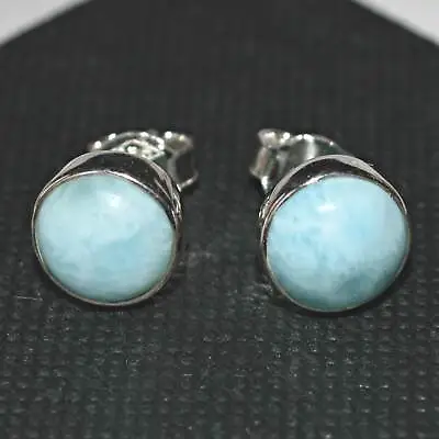 Larimar Sterling Silver Round Studs Earrings Pair Blue Pectolite Dolphin Stone • £30