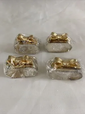 $19.99 • Buy Vintage Solid Brass Bow Napkin Rings Set Of 4 Gold Silver Tone New W Patina