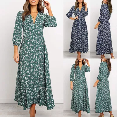 £13.49 • Buy Womens Floral Boho V Neck Long Sleeve Maxi Dress Ladies Casual Loose Shirt Dress
