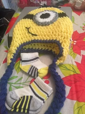 Crochet Knit Minion Baby/Toddler Hat With 2 Pr Of Socks Hand Made Free Shipping • $24