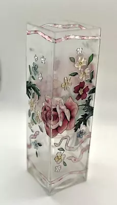 Joan Baker Design Hand Painted Vase Glass Floral Roses Square Rectangle Flowers • $34.99