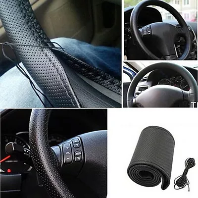 Car Truck Leather Steering Wheel Cover With Needles And Thread Black DIY SEL-wq • £5.46