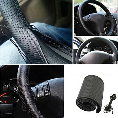 Car Truck Leather Steering Wheel Cover With Needles And Thread Black Diy XK • £6.21