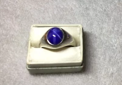 Vintage Men's 14k White Gold & Blue Created Star Sapphire Ring W/Diamonds • $125