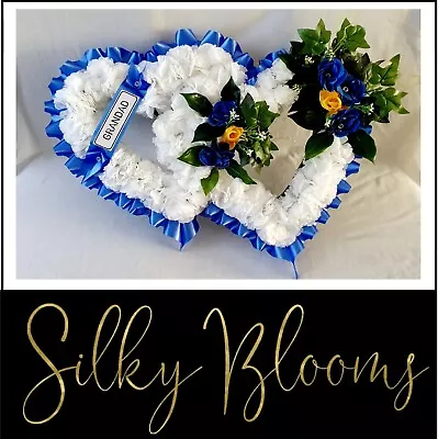 Double Heart Artificial Silk Funeral Flower Tribute Wreath  Name Mum Dad Nan • £48.50