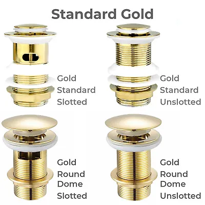 £15.99 • Buy Brushed Gold Bathroom Basin Waste Click-Clack Slotted+Unslotted Brass Sink Plug