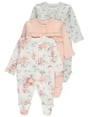 £8.95 • Buy  George Baby Girls Sleepsuits 3 Pack Frilly Peach Ribbed Floral Cotton Babygrows