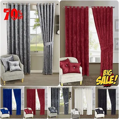 Heavy Crush Velvet Ring Top Curtains Fully Lined Ready Made Eyelet Curtains Pair • £10.85