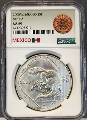 2000 Mexico Silver 5 Pesos S5p Nutria De Rio Ngc Ms 69 Scarce High Grade Gem • $229.95