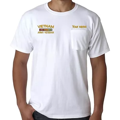 White T-shirt With Pocket / Pocket Tee With VIETNAM ARMY VETERAN Embroidered • $29.66