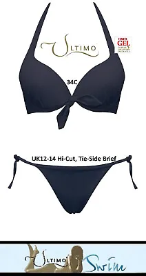 Ultimo Black Underwired Triple Liquid Gel Padded Push-up Bikini 34C & Med Brief • £39