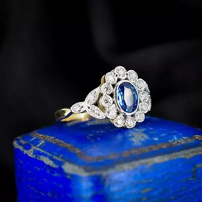 Blue Sapphire And Diamond Oval Cluster Halo 18ct Gold And Platinum Ring • £1895