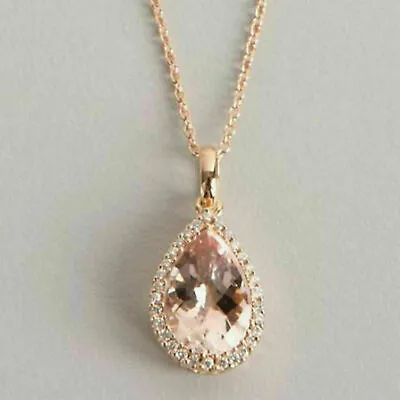 3Ct Pear Cut Morganite Halo Solid Pendant Necklace For Womens 14k Rose Gold Over • $60.26