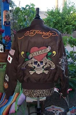 VINTAGE ED HARDY Love Kills Slowly Embroidered Patch Bomber Jacket L Women Men • £39.41