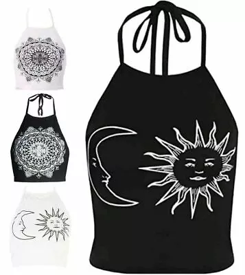 £2.99 • Buy Women's Sun & Moon Print Top Ladies Sleeveless Halter Neck Tie Up Vest Top 