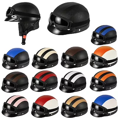 Vintage Leather Motorcycle Half Helmet With Goggles Scooter Bike Crash Helmet • $49.99