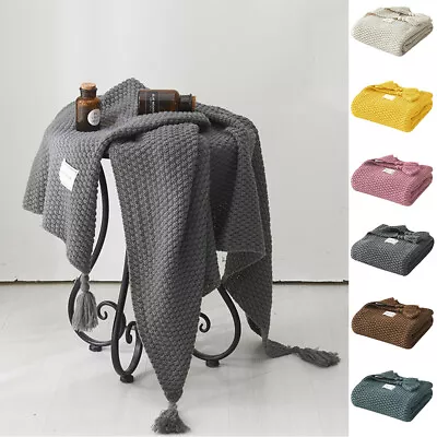 Tassels Knitted Waffle Blanket Soft Warm Sofa Bed Throw Travel Blankets Large AU • $54.59