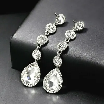 Silver Crystal Earrings Big Long Drop Rhinestone Diamante Bridal Wedding Dangle • £5.69