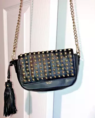 Victoria's Secret Black Leather Crossbody Purse 9X6 Gold Stud & Chain Dressy Bag • $28