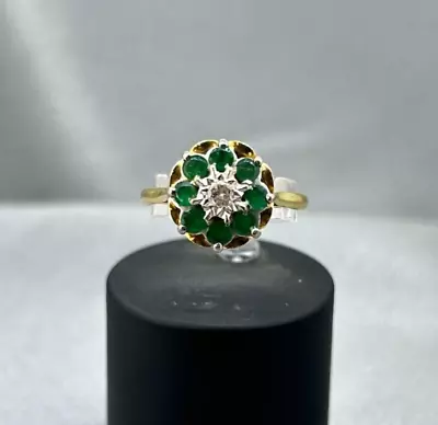 18ct Yellow Gold Emerald & Diamond Floral Cluster Ring | Women's Emerald Ring • £300
