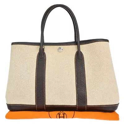 HERMES Logo Garden Party TPM ▢H Hand Tote Bag Toile H Leather Ivory 46EA858 • $1080