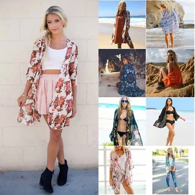 Women Boho Floral Lace Cardigan Ladies Summer Beach Holiday Cover Up Blouse Tops • $26.96