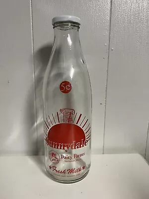 Vintage 5¢ Sunnydale Dairy Farms Glass Milk Bottle Yarmouth Mass Red Graphics • $7.99