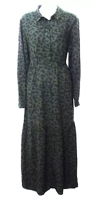 John Lewis Maxi Dress 14 Dark Green Leopard Print Long Sleeve Collared Viscose • £20