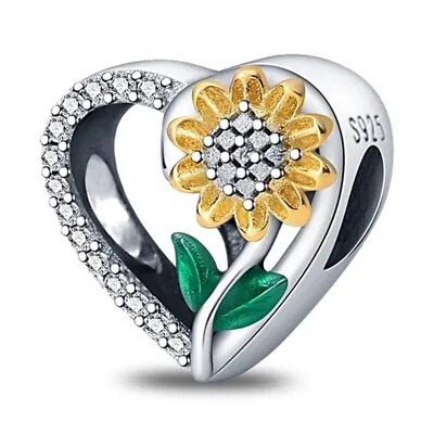 Sunflower Heart Charm For European Bracelets S925 Sterling Silver • £8.99
