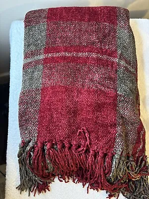 NWOT Restoration Hardware Chenille Red Plaid Fringed 70x50 Blanket Throw 2015 • $110.99