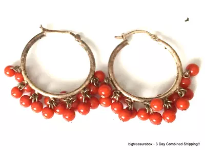 Vintage Earrings MARKED 925 STERLING SILVER Pierced Dangle Hoop Coral Lot Y • $3.25