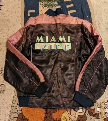 Vintage 80s Miami Vice Crew Jacket Satin Bomber M Pink Black TV Movie PROMO • $224.88