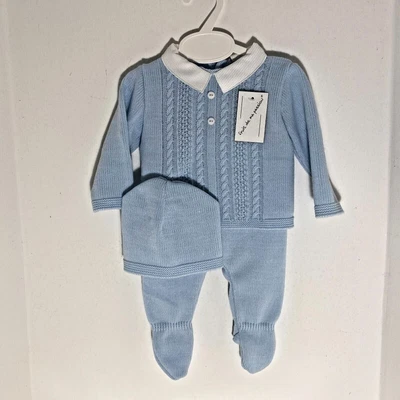 £13.85 • Buy Newborn Baby Boy Spanish Knitted Outfit Blue Pram Set + Hat Boys Boxed Gift