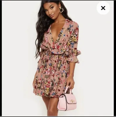 $21 • Buy PrettyLittleThing Pink Floral Bohemian Mini Dress Ruffle Details & Deep V-Neck