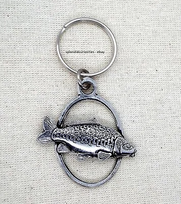 Mirror Carp Fish Oval Keyring (English Silver Pewter In A Cotton Pouch) • £6.70